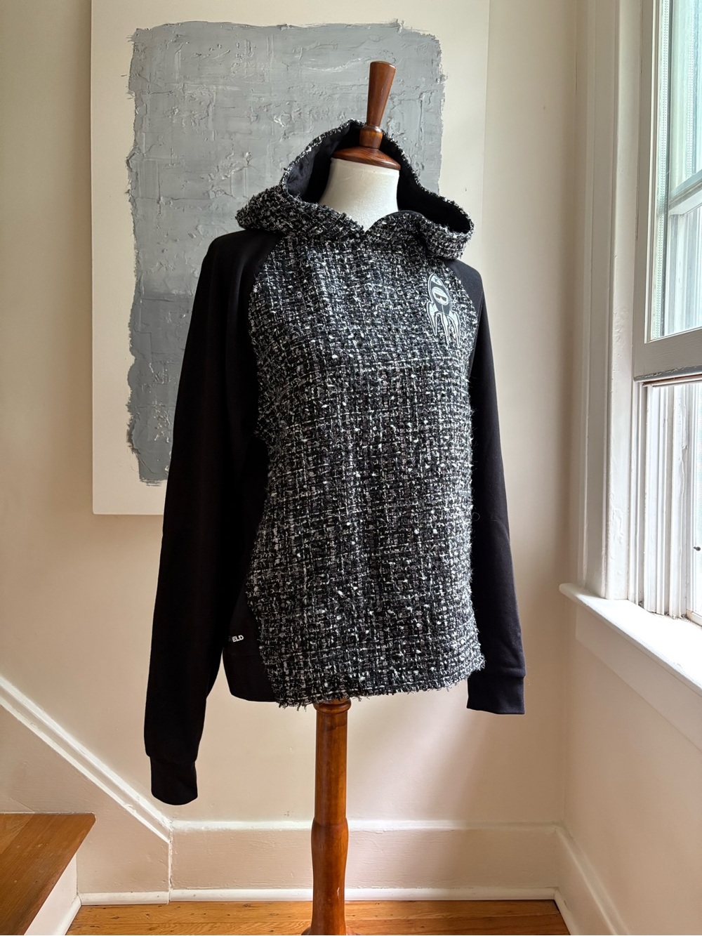 Karl Lagerfeld Spaceship Rocket Black & Gray Tweed Hoodie Sweater